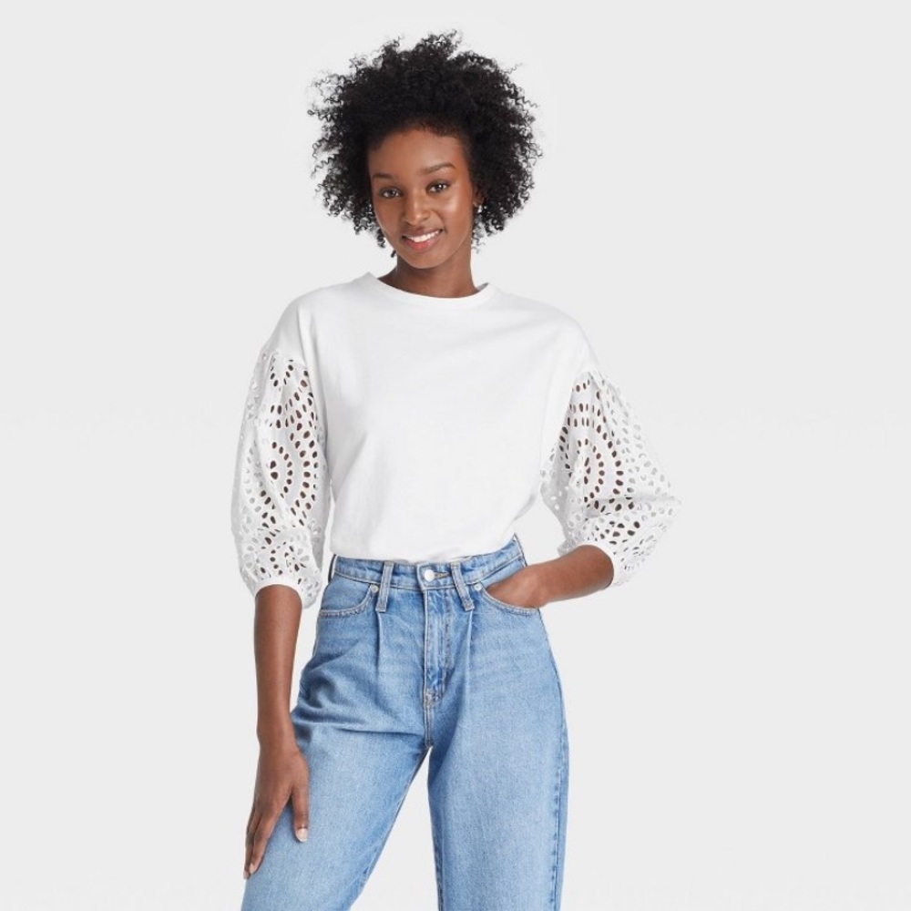 NWT - Womens Long Sleeve Round Neck Eyelet Top
